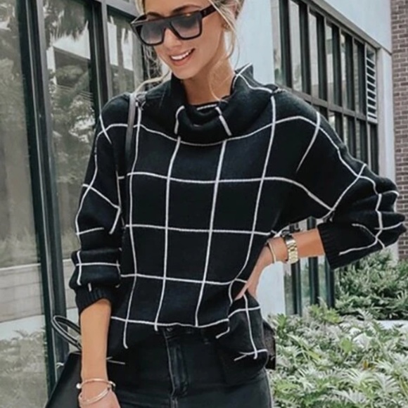 Black Grid Printed Long Sweater Plaid Pattern Split Sides Pullover Turtleneck - Picture 10 of 14
